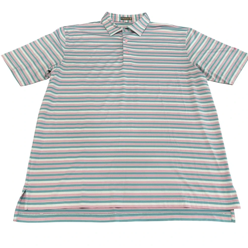 Peter Millar Summer Comfort Men size XL Polo Shirt Pink Blue White Striped Golf